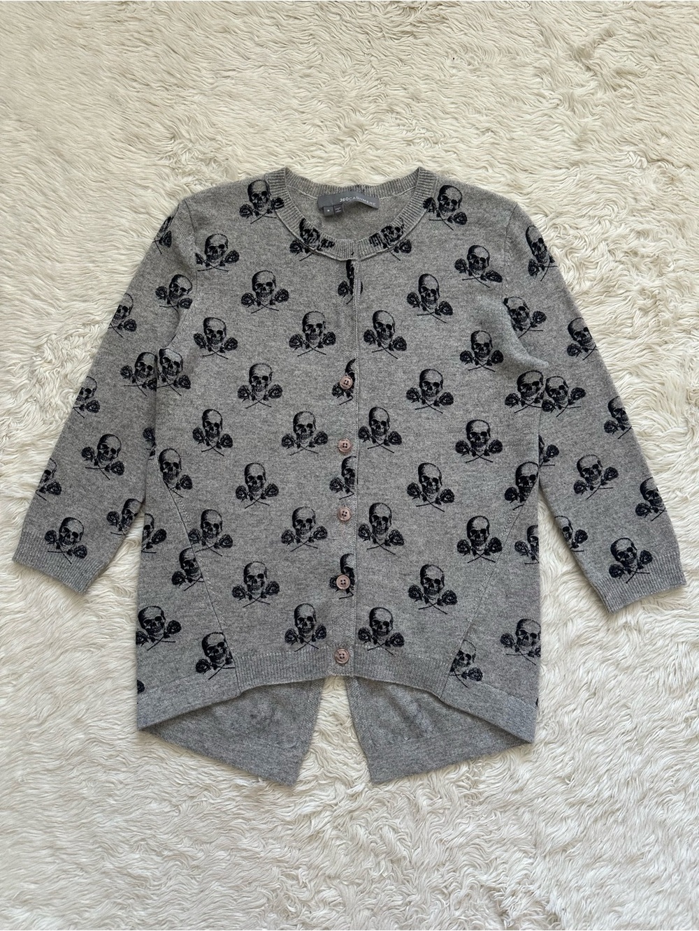 360 Cashmere Jessie Skull Cardigan Sweater Button Front 3/4 Sleeve Gray Sz S